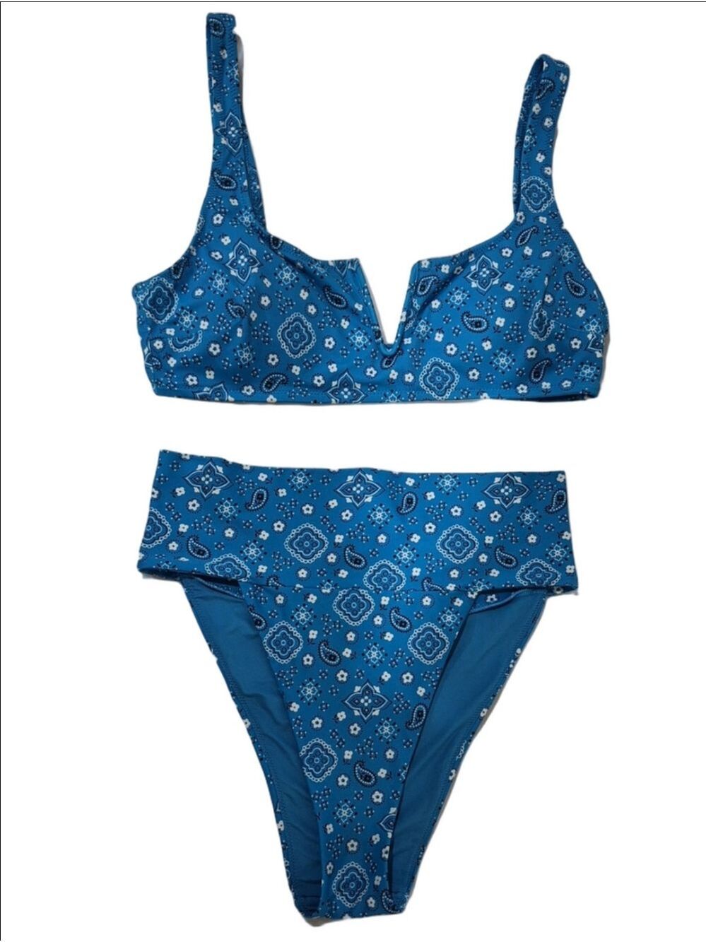 Aerie Blue Paisley Bandana V-Wire Bikini Set – High Waisted, Size M
